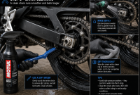 Cleaning motorcycle chain with brush and low-pressure water during chain maintenance Cleaning motorcycle chain with brush and low-pressure water during chain maintenance