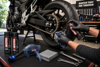 Motorcycle chain maintenance setup with cleaning supplies and lubrication products on paddock stand Motorcycle chain maintenance setup with cleaning supplies and lubrication products on paddock stand